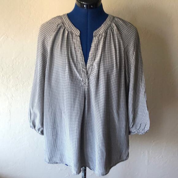 Joie Split Neckline 3/4 Gathered Sleeve Geometrical Pattern Silk Blouse - Picture 1 of 6